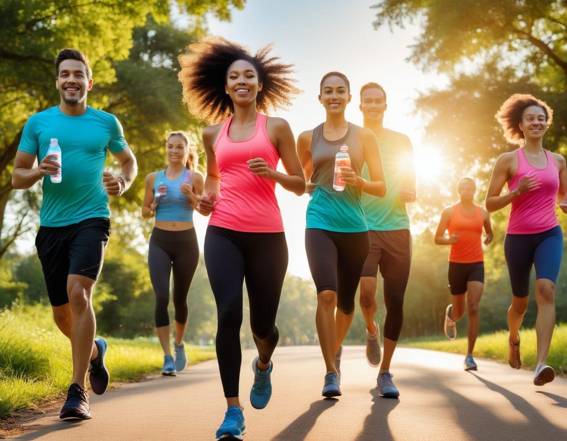 A dynamic collage showcasing a diverse group of individuals engaged in various fitness activities, each character is holding a colorful water bottle, symbolizing hydration. Include elements like a bright sun, lush green parks, and hydration tracking apps on smartphones in the background. The overall atmosphere should convey energy, health, and vitality, highlighting the importance of hydration in fitness. vibrant colors. super-realistic.