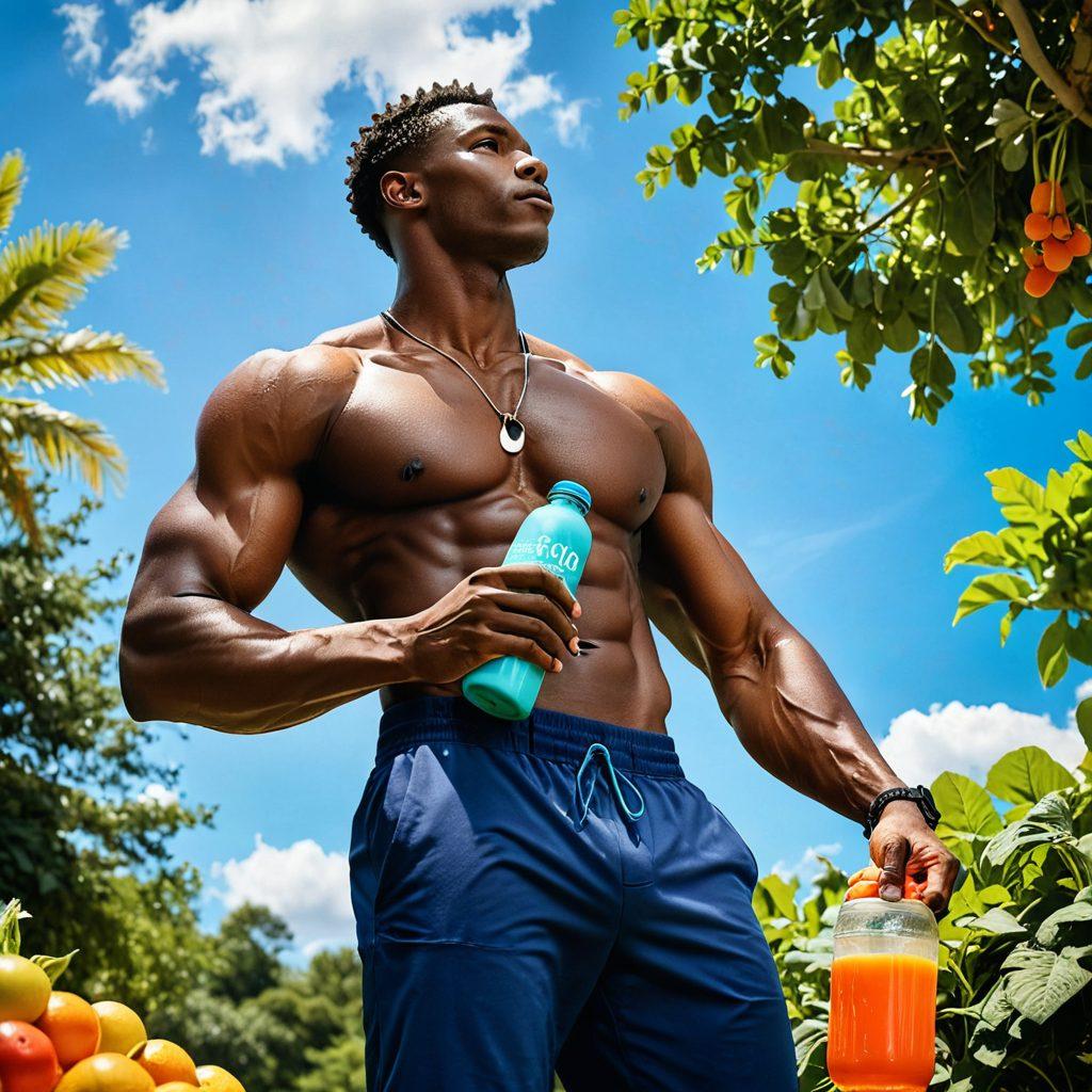 A vibrant scene of a muscular person holding a colorful water bottle, surrounded by an array of fresh fruits and vegetables, set in a sunlit park. In the background, a clear blue sky with fluffy clouds enhances the feeling of freshness and vitality. Include motivational quotes about hydration in stylish typography floating around. super-realistic. vibrant colors. sunny daylight.