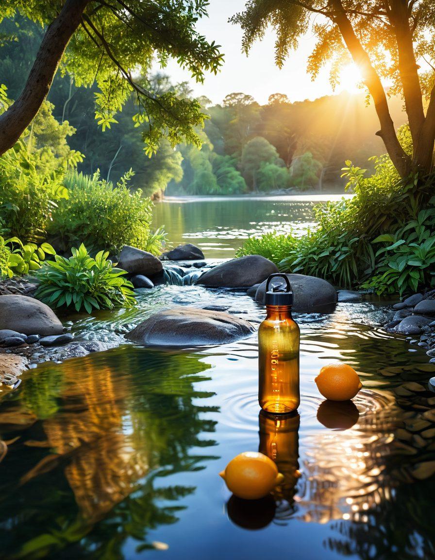 A serene landscape featuring a crystal-clear water bottle surrounded by vibrant fruits and herbs, illustrating hydration techniques. The background includes a soft sunrise illuminating a peaceful yoga scene by a tranquil lake. Add a gentle flowing stream, symbolizing refreshing hydration, with lush greenery. super-realistic. vibrant colors. peaceful atmosphere.